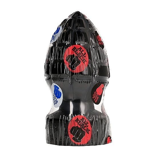 Plug anal noir en forme de pomme de pin, emballé avec des autocollants.