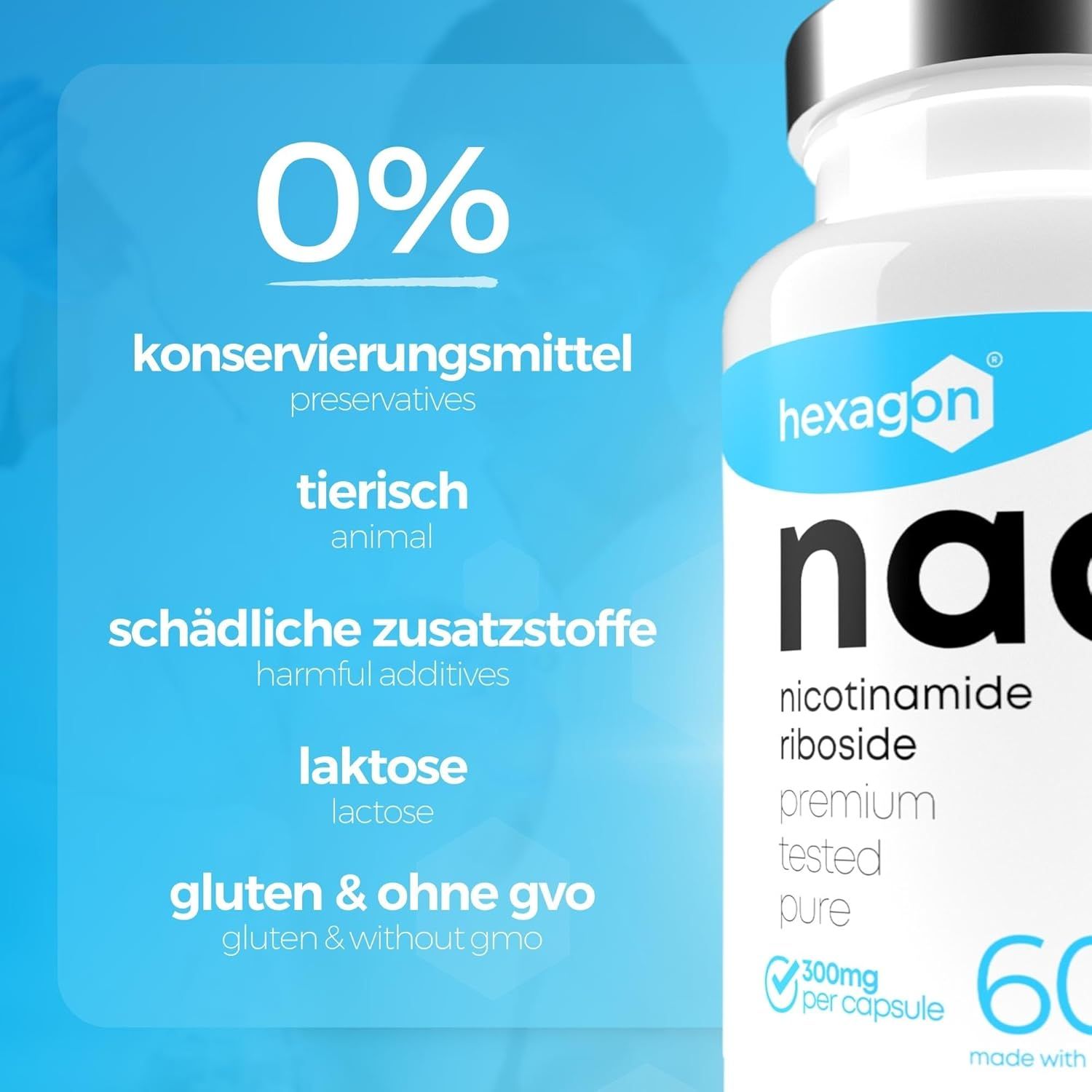Hexagon NAD+ capsule, 0% conserveermiddelen, dierproefvrij, zonder toevoegingen, lactosevrij.