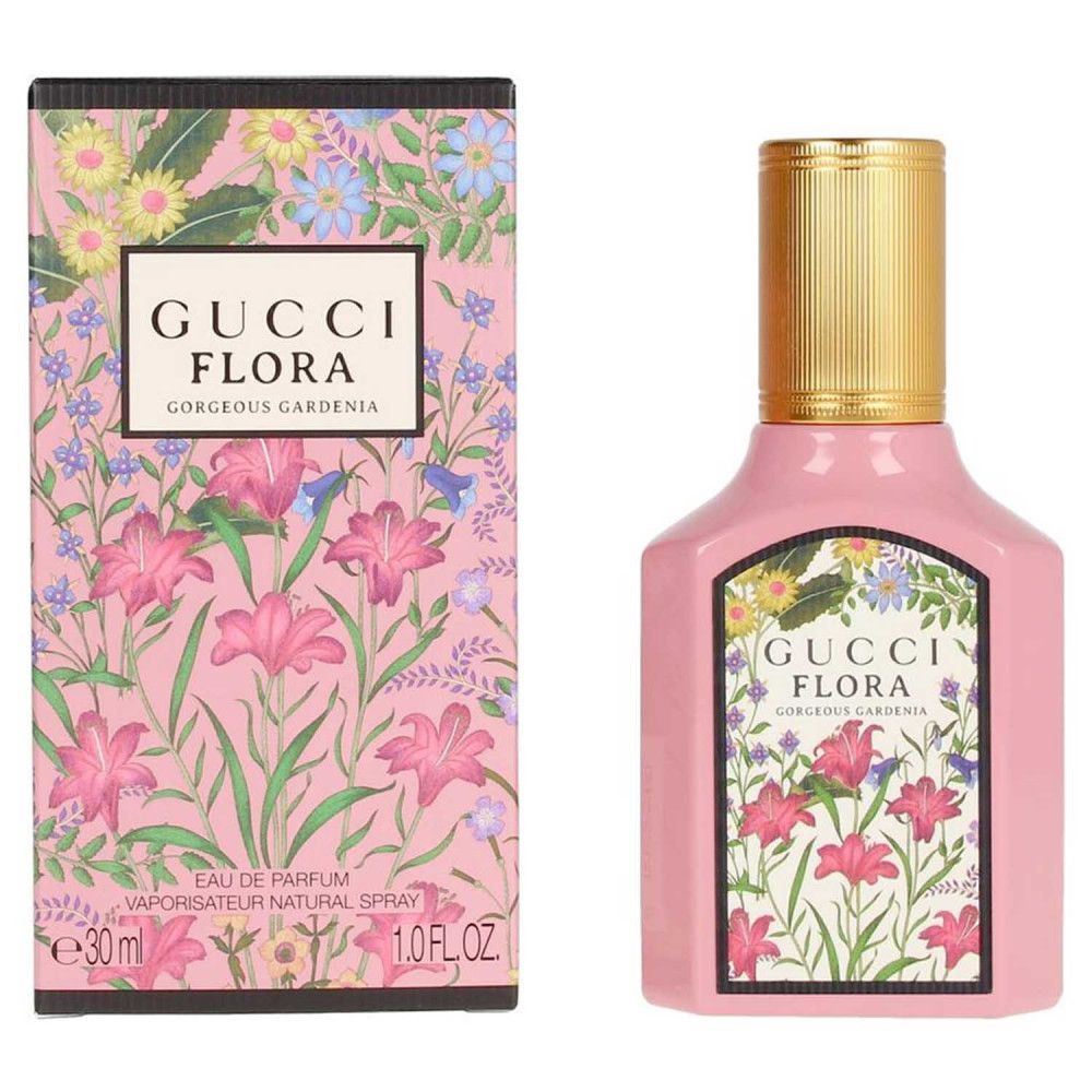 Flacon et boîte roses Gucci Flora Gorgeous Gardenia. Motif floral. Texte: Gucci Flora Gorgeous Gardenia, Eau de Parfum, 30 ml, 1.0 FL.OZ.