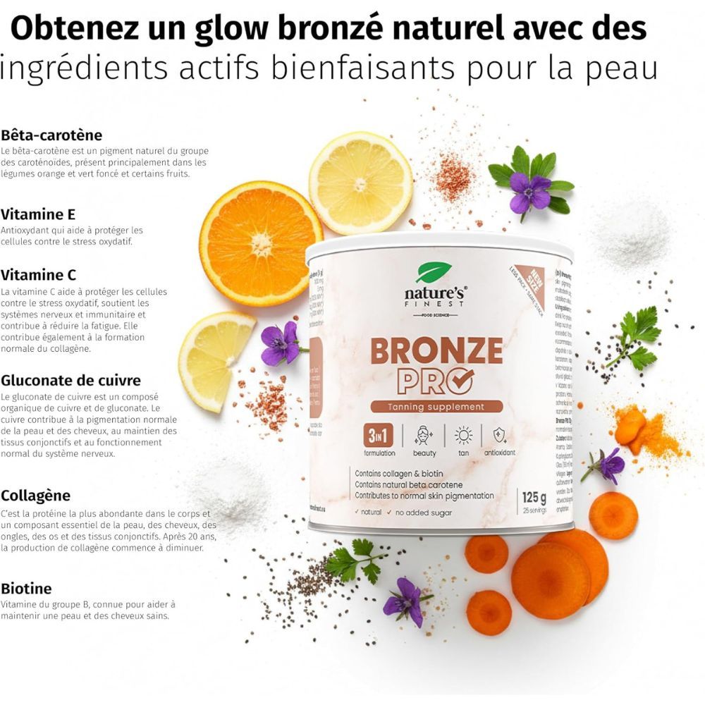 Boîte "BRONZE PRO" avec ingrédients tels que bêta-carotène, vitamine E, C, cuivre, collagène et biotine.