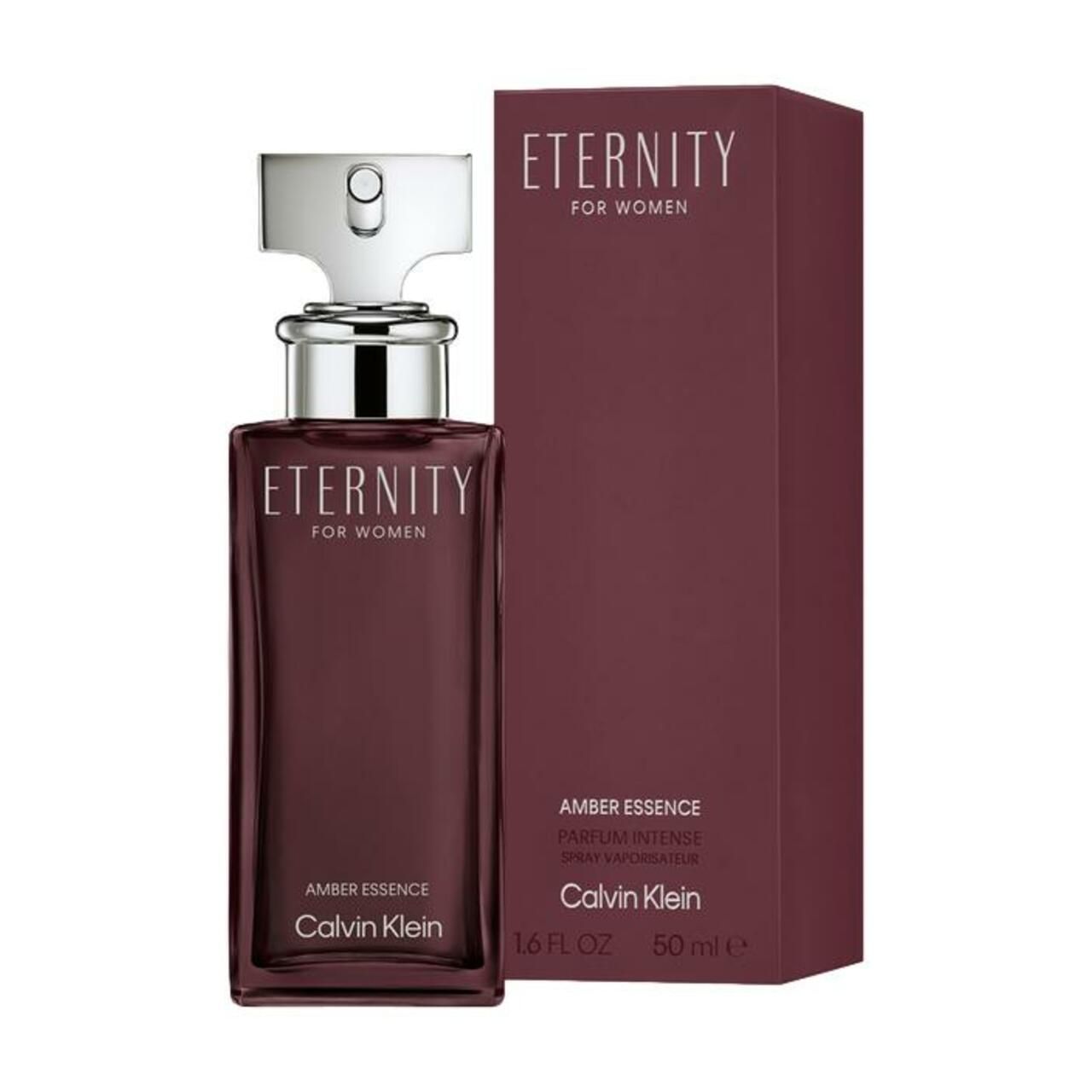 Parfumfles en verpakking. Fles: rechthoekig, bruin, zilveren dop. Verpakking: rechthoekig, bruin. Tekst: ETERNITY, Calvin Klein.