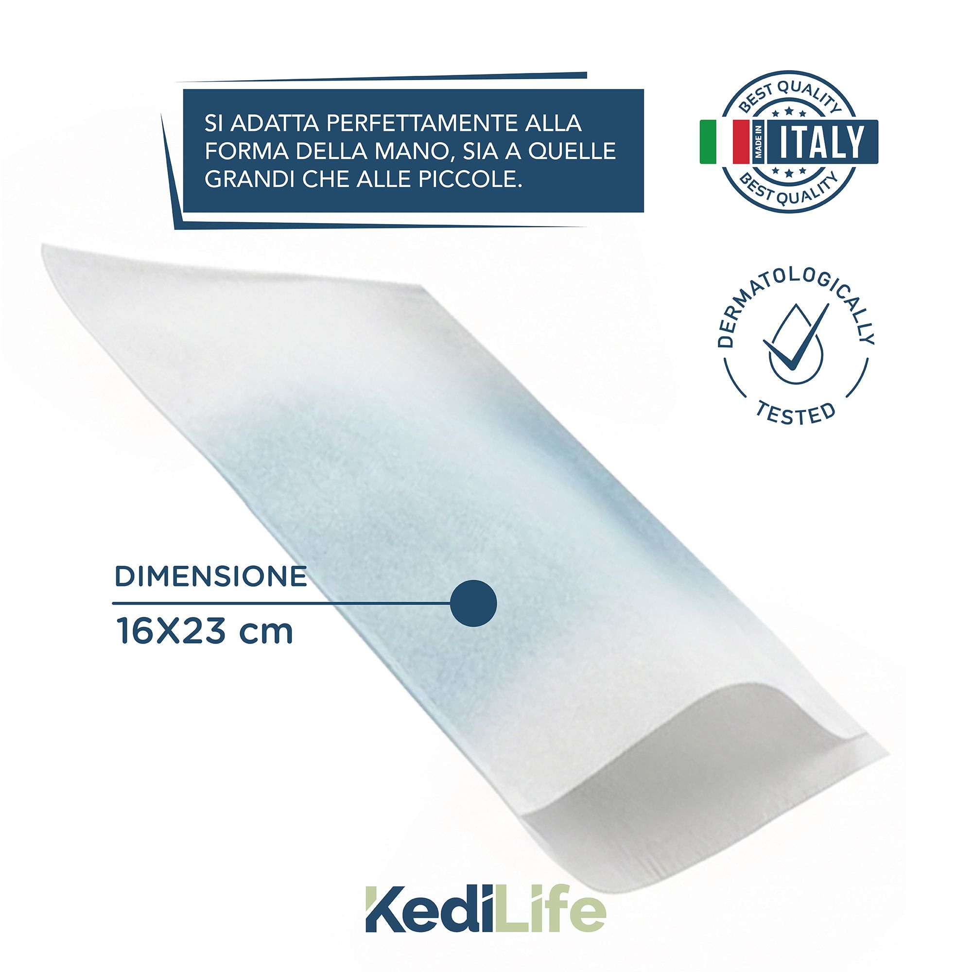 Enkele wegwerp washand. Afmetingen: 16x23 cm. Met Italiaans kwaliteitslabel en dermatologisch getest.