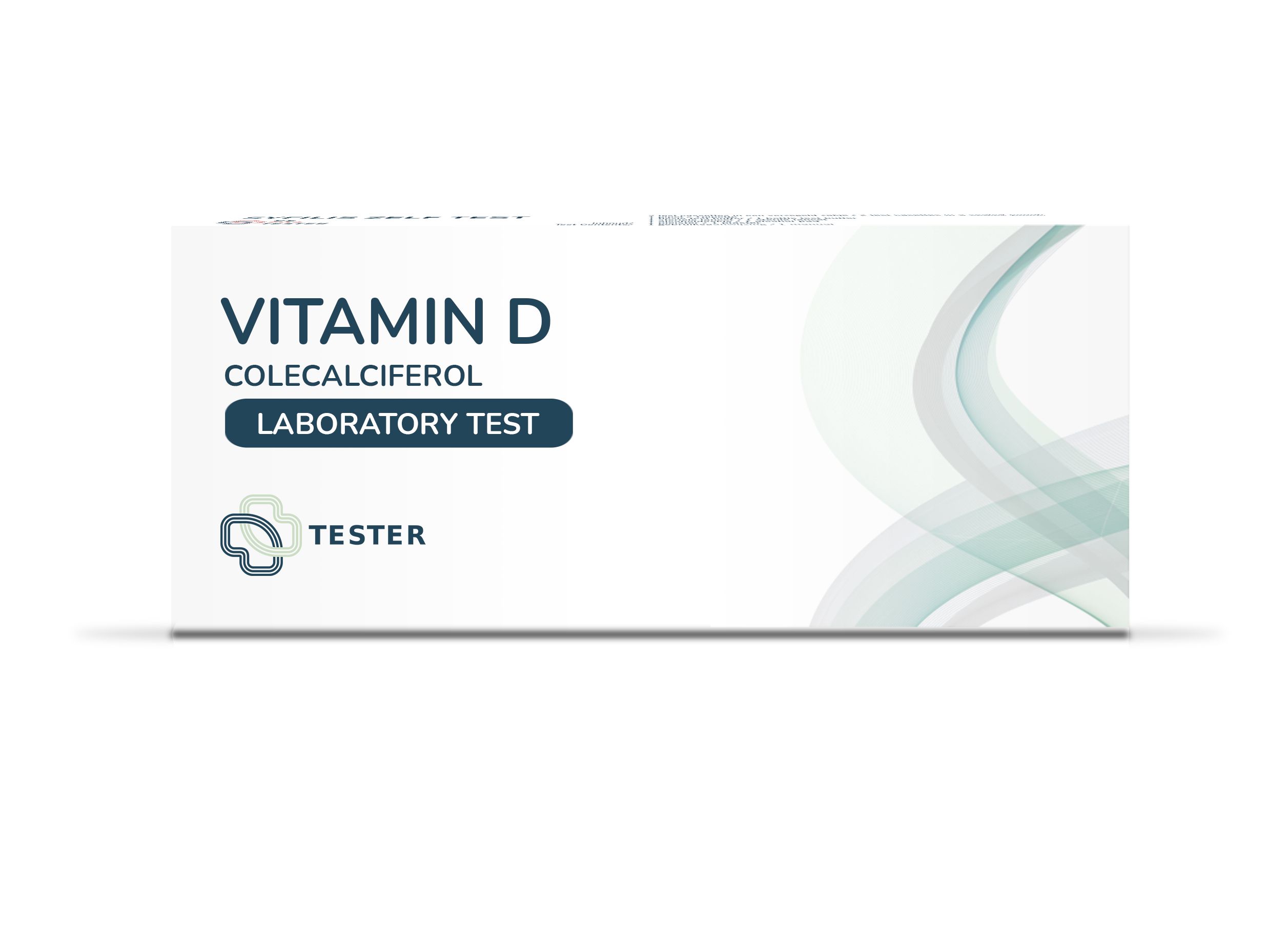 Boîte blanche avec texte "Vitamin D Colecalciferol Laboratory Test". Logo et texte "Tester".
