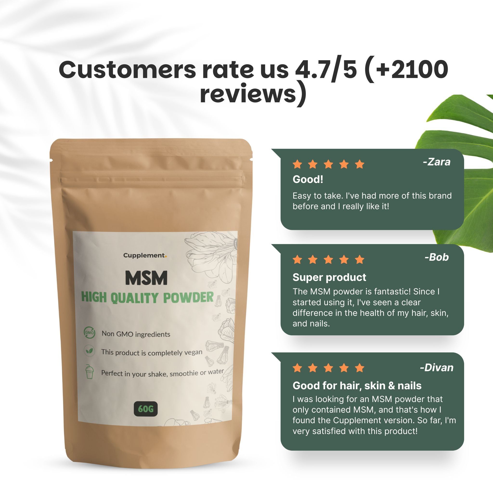 Sachet de poudre MSM. Texte : MSM, High Quality Powder. 60g. Végétalien, sans OGM. Avis clients.