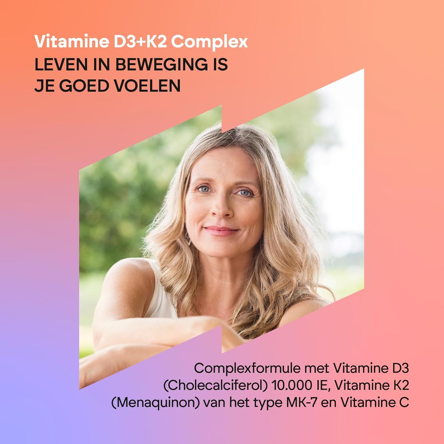 Nutralie Vitamine D3+K2 Complex fles met informatie over ingrediënten en capsules.
