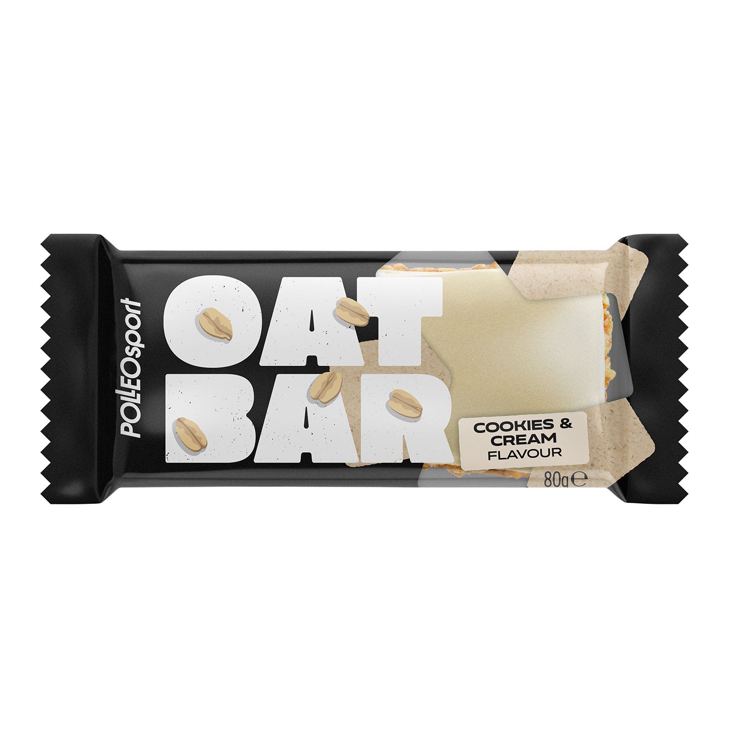 Barre Oat Bar emballée en noir. Inscription : OAT BAR, Cookies & Cream Flavour, 80g. Marque : PolleoSport.