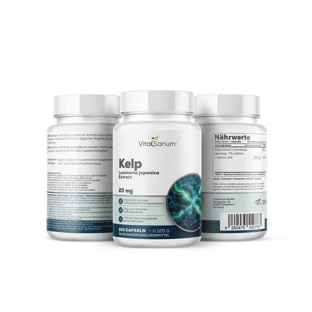 Drie witte flessen met etiketten. Eén toont "VitaSanum Kelp". Tekst: "Laminaria Japonica Extract", "20 mg", "250 capsules". 
