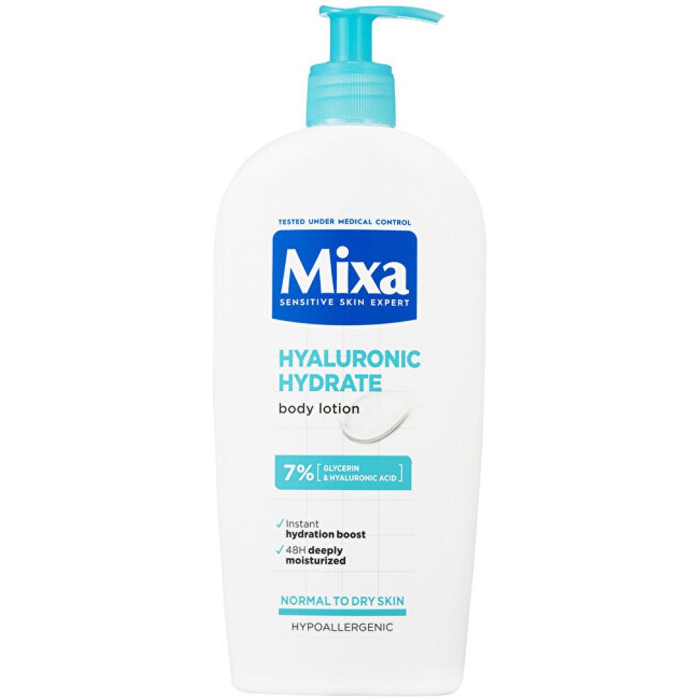 Witte fles met blauwe pomp. Opschrift Mixa. Tekst: Hyaluronic Hydrate body lotion, 7% Glycerine & Hyaluronzuur.