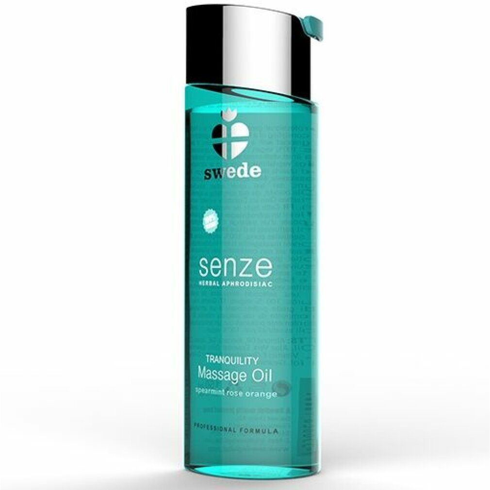 Bouteille d'huile de massage Swede Senze avec bouchon argenté. Liquide turquoise, lettrage argenté.