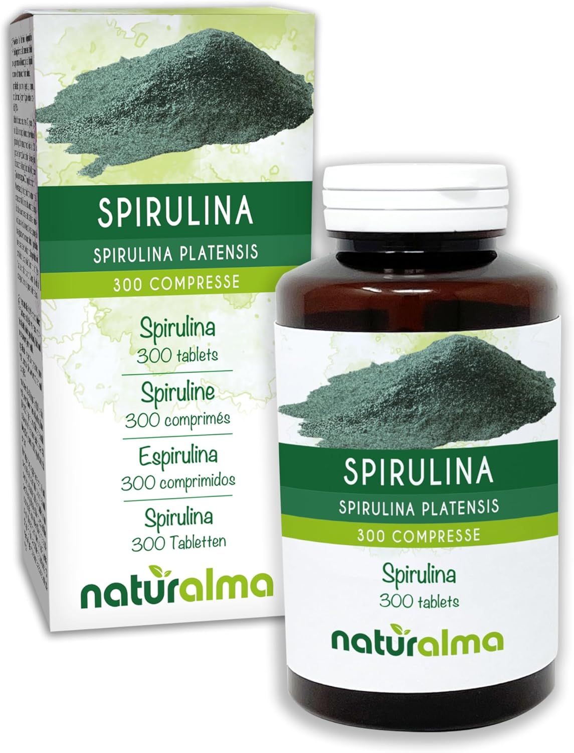 Een fles en een doos met spirulinatabletten. Opschrift: Spirulina Spirulina platensis 300 tabletten. Naturalma-logo.