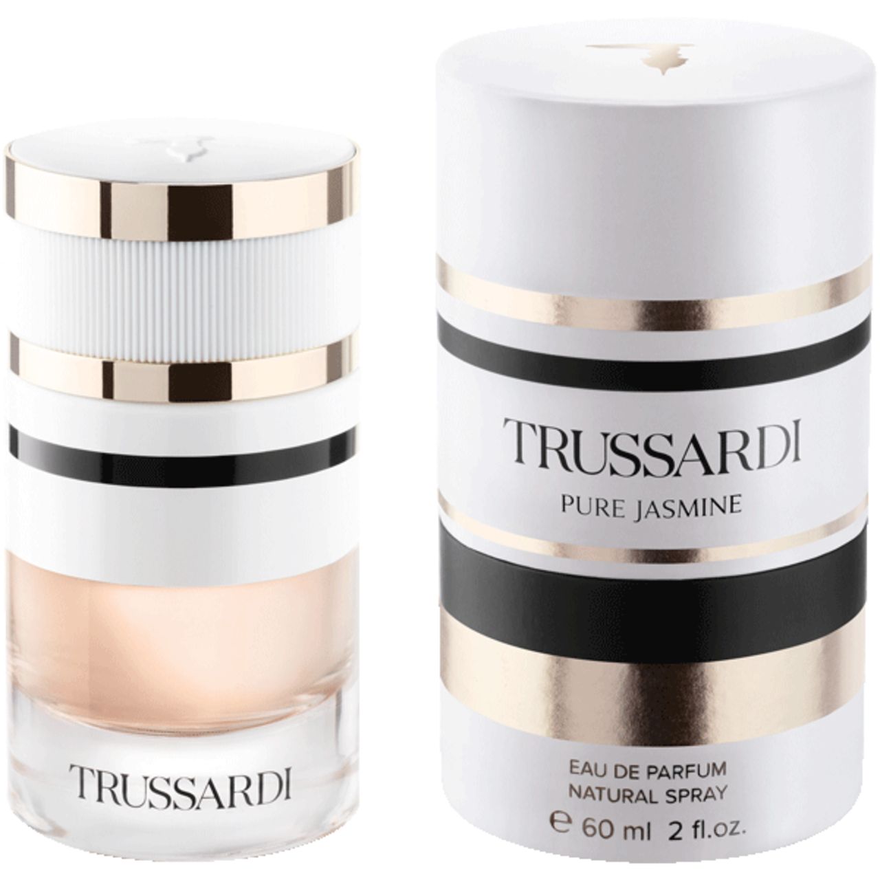Parfumfles en verpakking. Fles: glas, wit, goud. Verpakking: wit, goud, zwart. Opschrift: Trussardi Pure Jasmine.