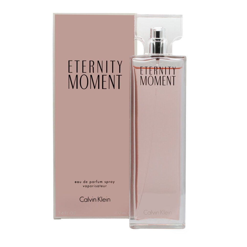 Flacon et boîte avec "Eternity Moment" et "Calvin Klein". Eau de parfum spray.
