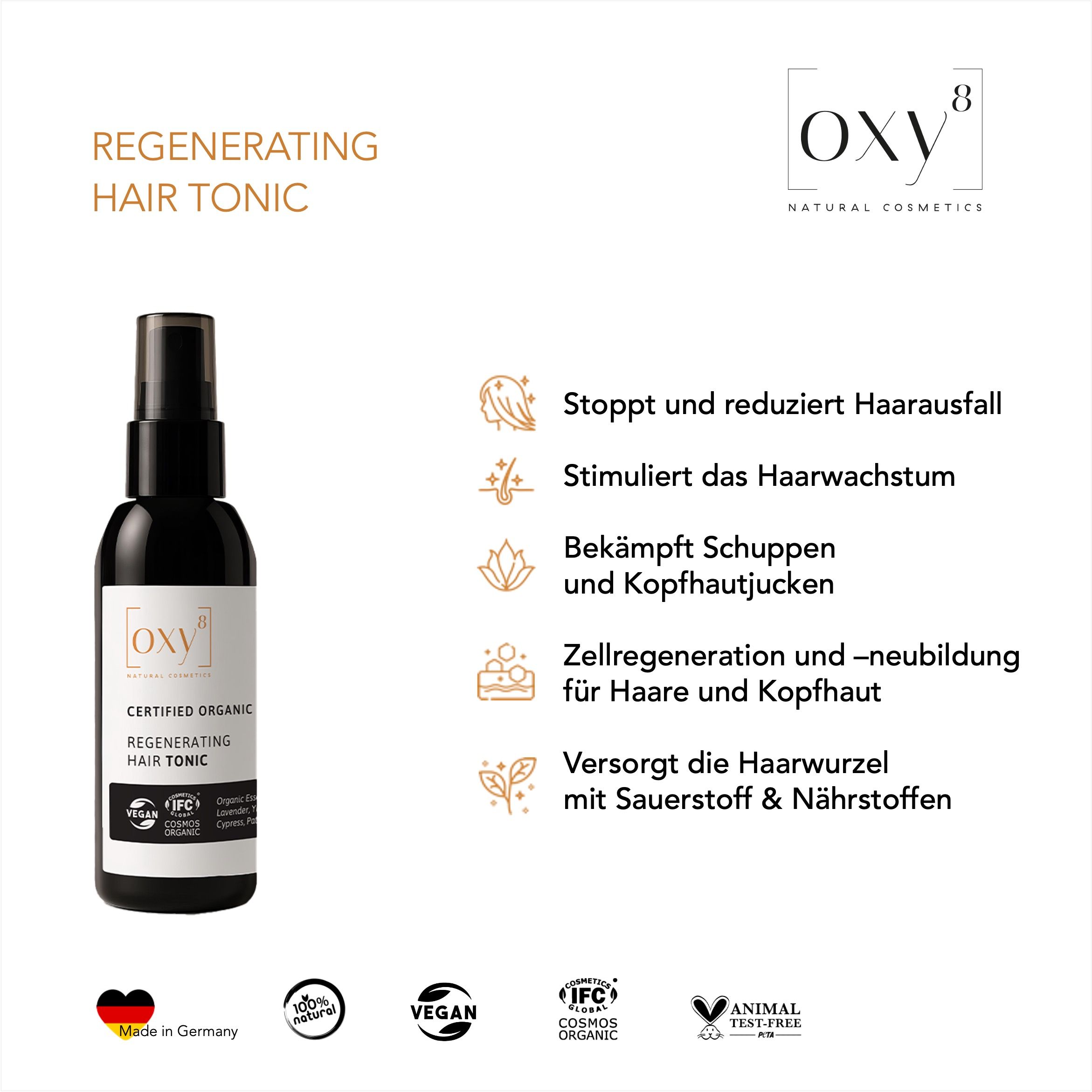 Zwarte sprayfles. OXY8 Regenerating Hair Tonic. Gecertificeerde biologische haartonic. Gebruiksinformatie.
