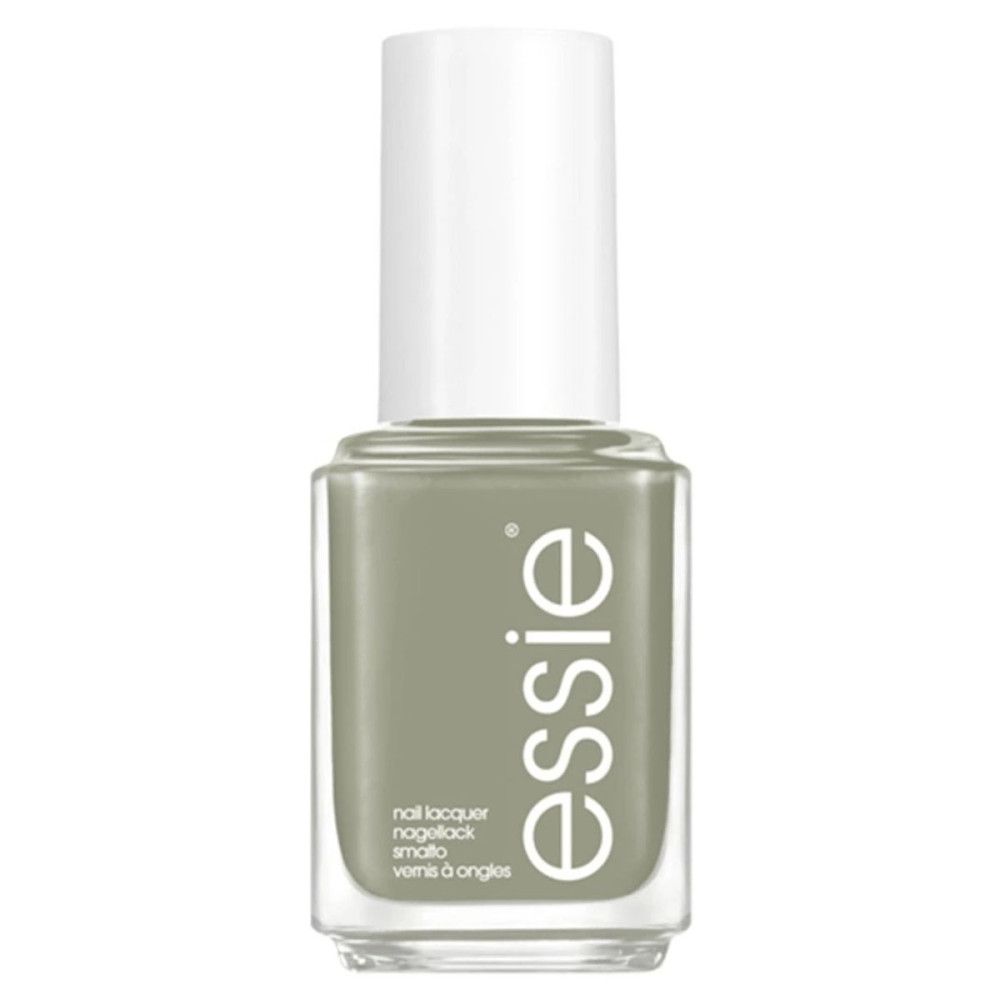 Nagellakflesje met witte dop. Groen-grijze nagellak. Essie-logo en productnaam zichtbaar.