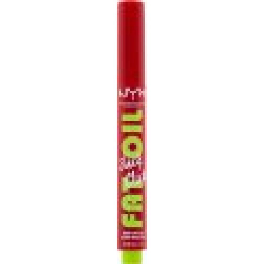 Rouge à lèvres rouge avec applicateur jaune. Inscription : NYX PROFESSIONAL MAKEUP FAT OIL slick click. 0,07 oz / 2 g.