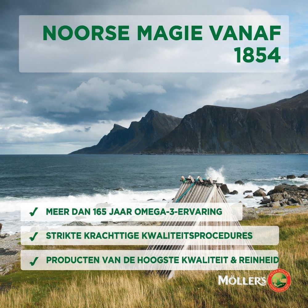 Landschap met zee en bergen. Tekst: Noorse magie. Möller's logo.