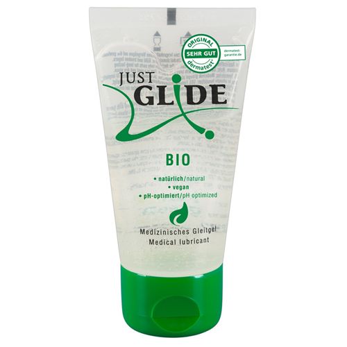 Transparante tube met groene dop. Opschrift: Just Glide Bio, pH-geoptimaliseerd, vegan. Medische glijmiddel.