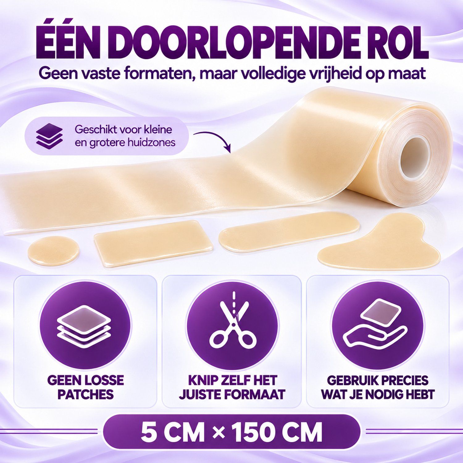 Hydrocolloïd pleisterrol: 5 cm x 150 cm, flexibel en op maat te knippen.