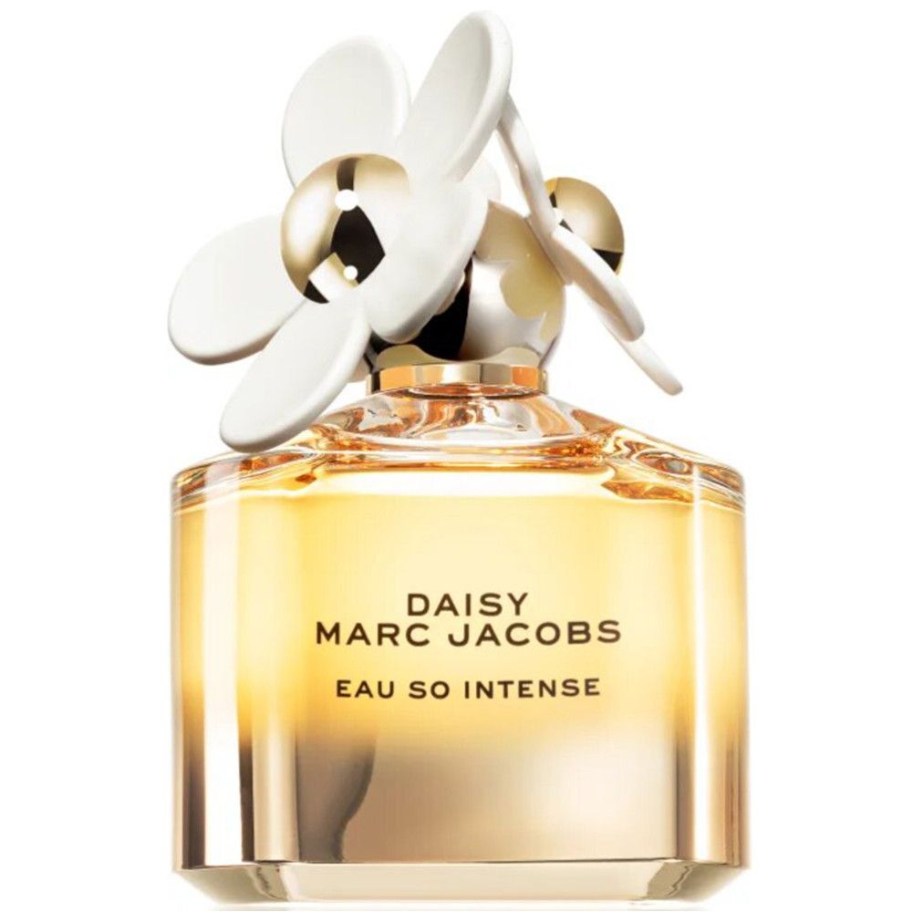 Flacon de parfum. Inscription: Daisy Marc Jacobs Eau So Intense. Flacon avec fleur blanche. Verre doré.