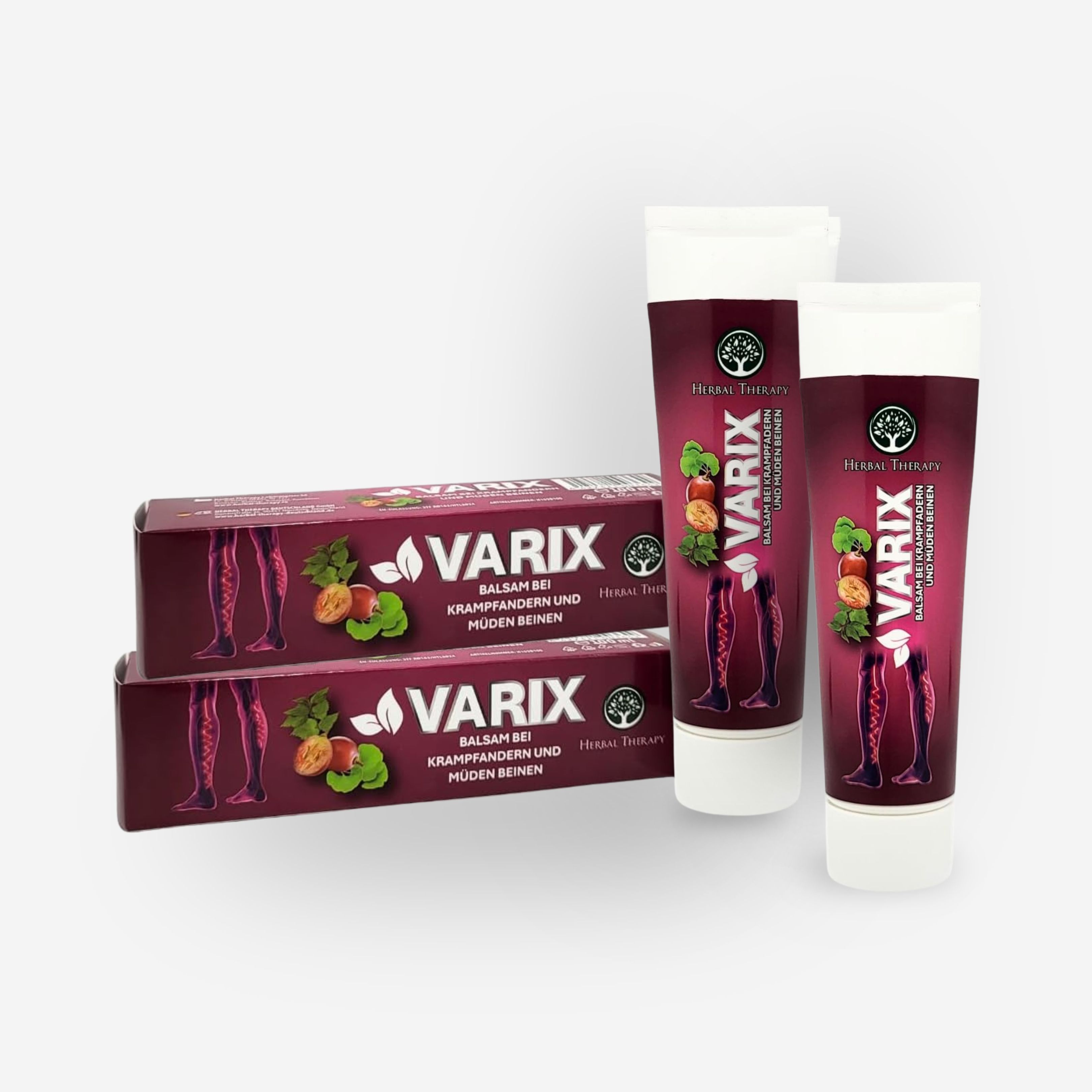 Trois tubes de baume VARIX et trois boîtes pliantes de baume VARIX.