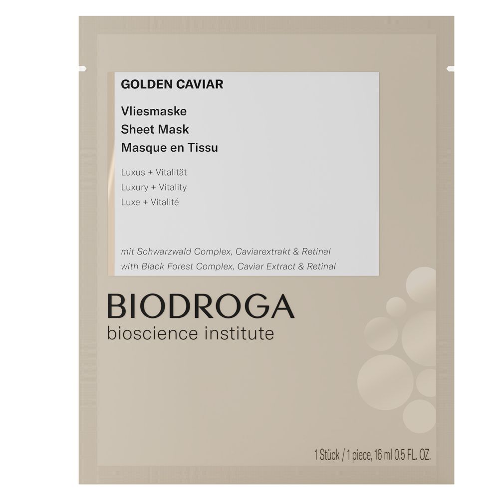 Zakje met "Golden Caviar" vliesmasker. Tekst in het Duits, Engels en Frans. Merk: BIODROGA. 1 stuk, 16 ml.