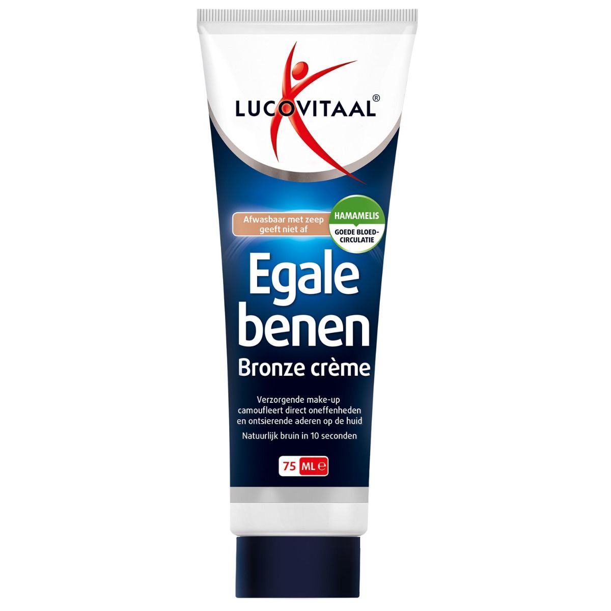 Tube "Lucovitaal Egale benen Bronze crème". Blauwe en witte verpakking. Tekst: "Egale benen Bronze crème".