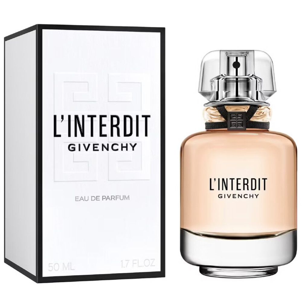 Flacon de parfum et boîte. Flacon avec contenu rose, bouchon transparent. Boîte blanche avec texte noir : L'Interdit Givenchy. 50 ml, 1.7 FL. OZ.