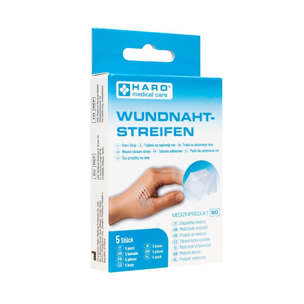 Verpakking Haro Wundnahtstreifen. 5 stuks. Medisch product. Hand met wond en strips. Blauw-witte verpakking.