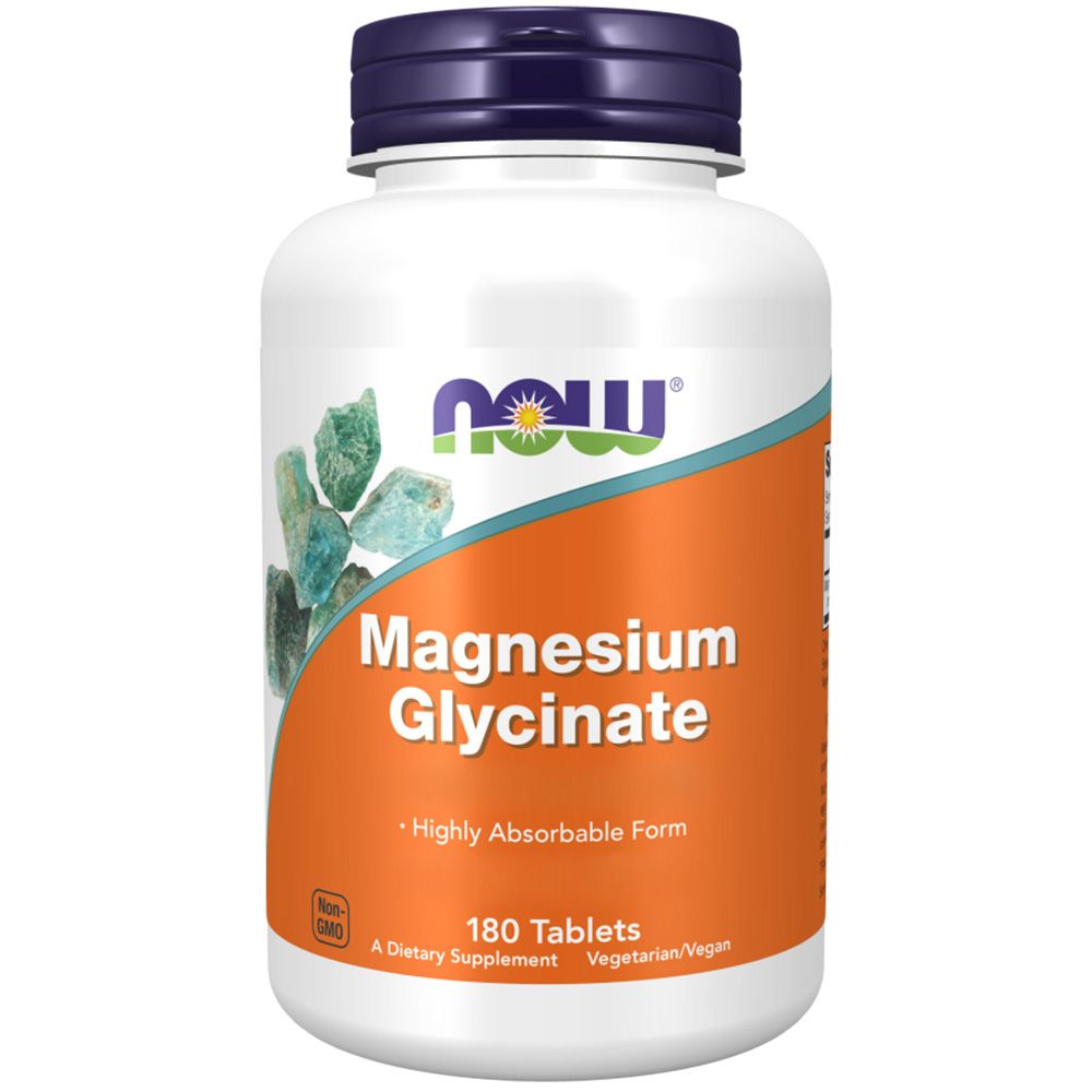 Witte fles met blauwe dop. Oranje etiket met "NOW" logo en "Magnesium Glycinate". 180 tabletten. Vegetarisch/Vegan.