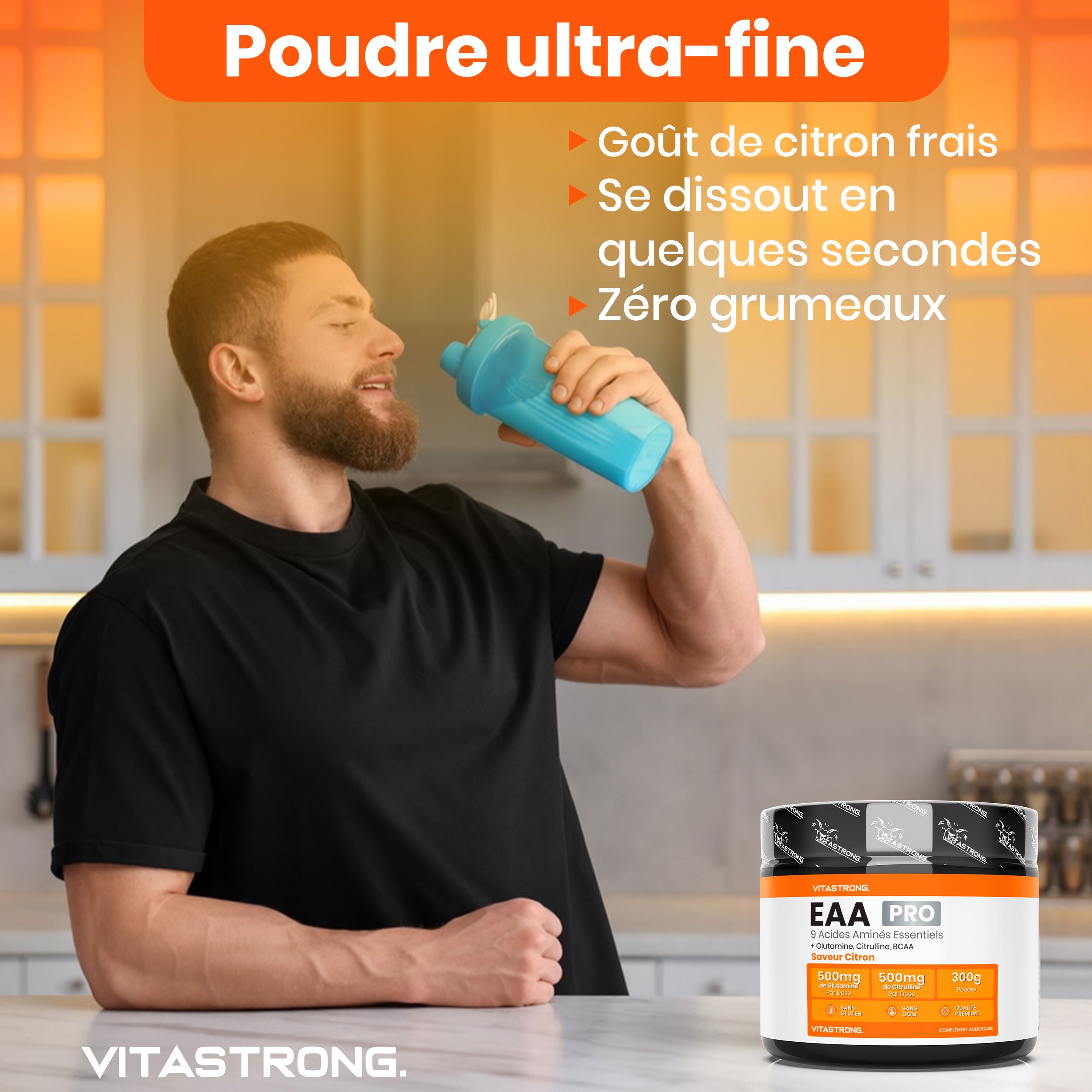 Vitastrong EAA PRO Citroen. Pot met poeder. Vergelijking met ander product. Tekst: 9 essentiële aminozuren, BCAA.