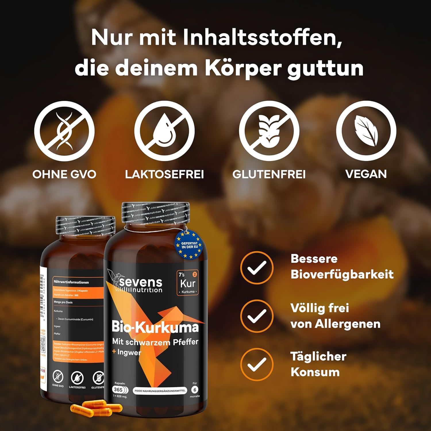 Twee potten biologische kurkuma capsules, vegan, glutenvrij, lactosevrij, GGO-vrij. Betere biologische beschikbaarheid.
