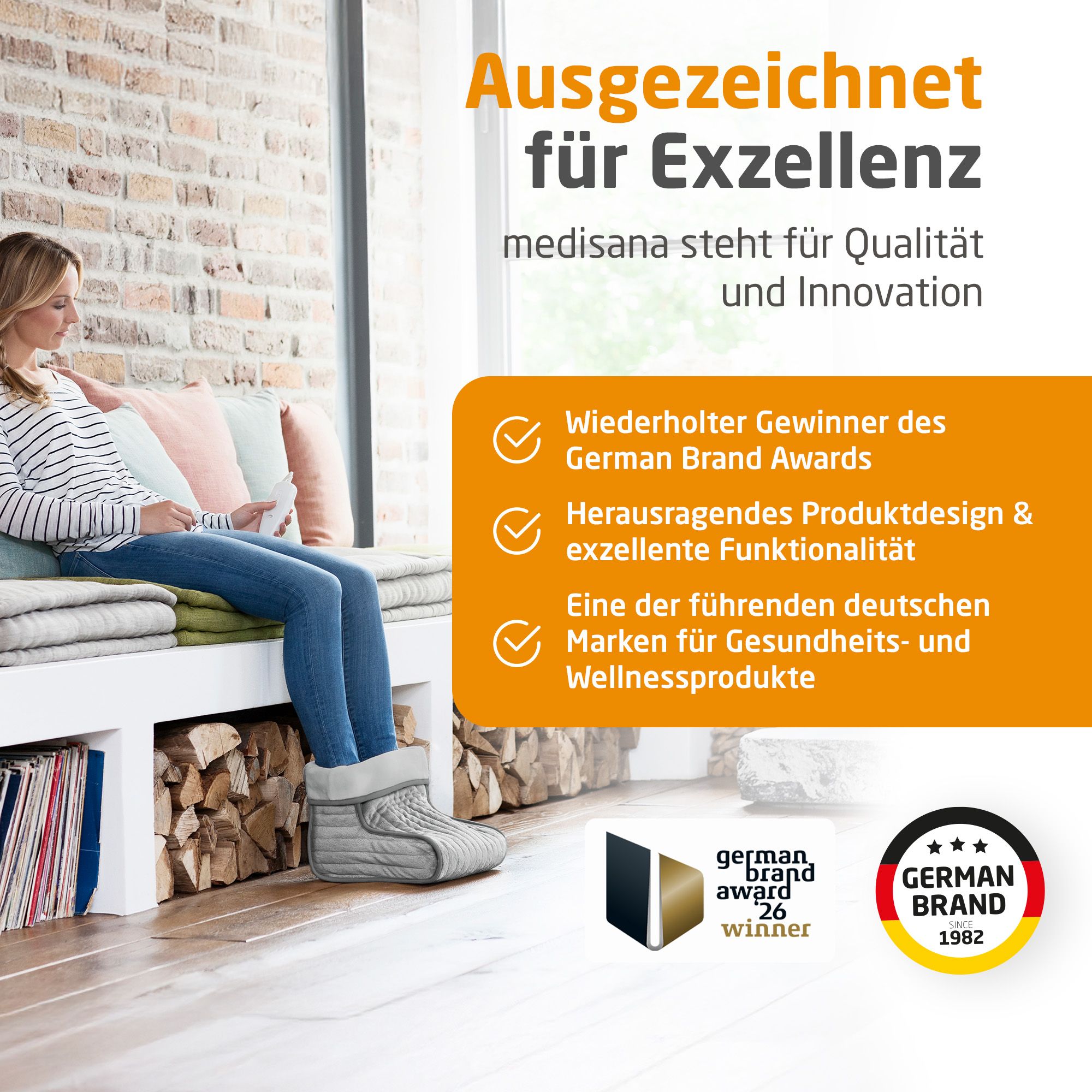 Grijze voetverwarmer, meervoudig winnaar German Brand Award voor design en functionaliteit.