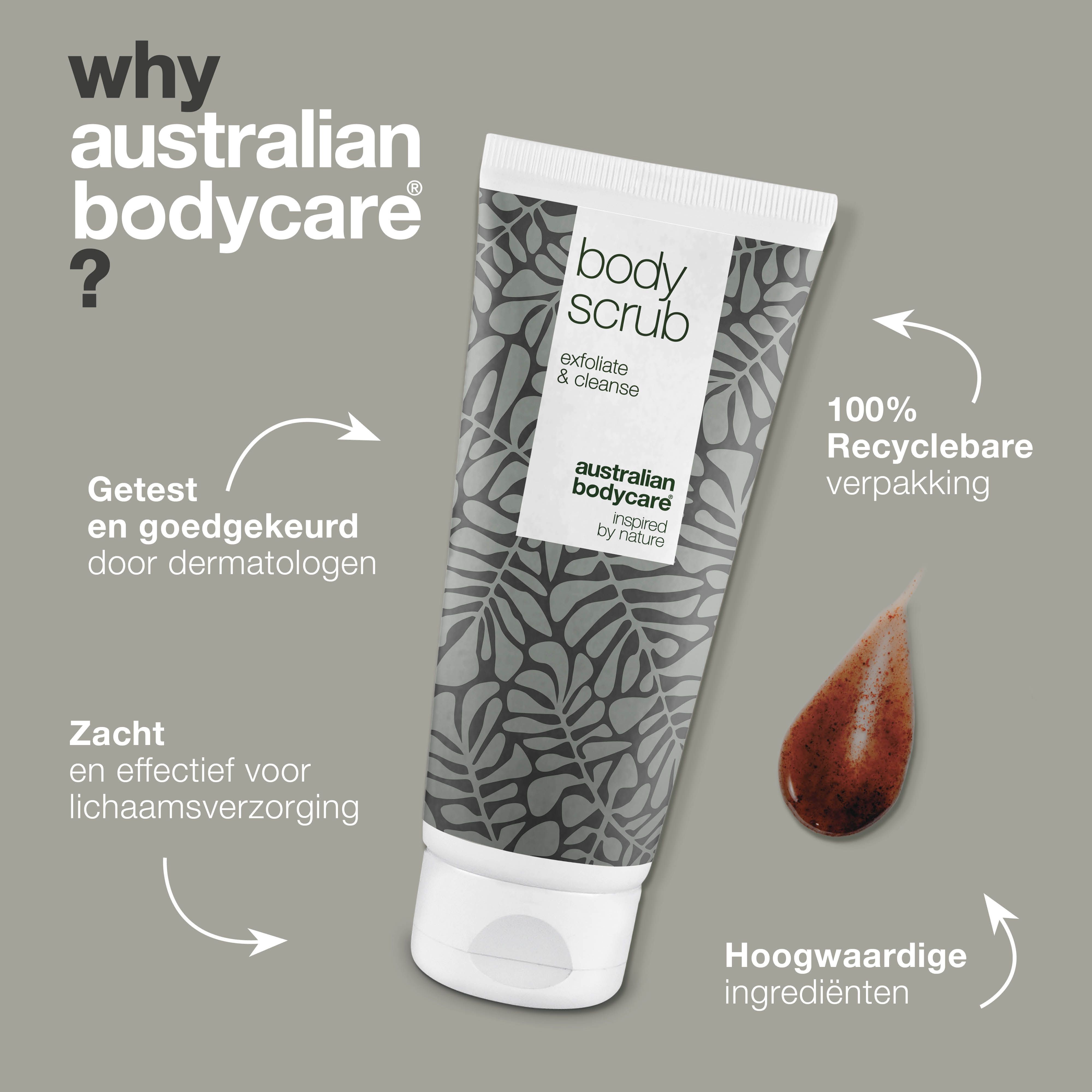 Grafiek: Waarom Australian Bodycare? Tube body scrub. Getest, dermatologisch goedgekeurd, zacht, effectief, hoogwaardige ingrediënten.