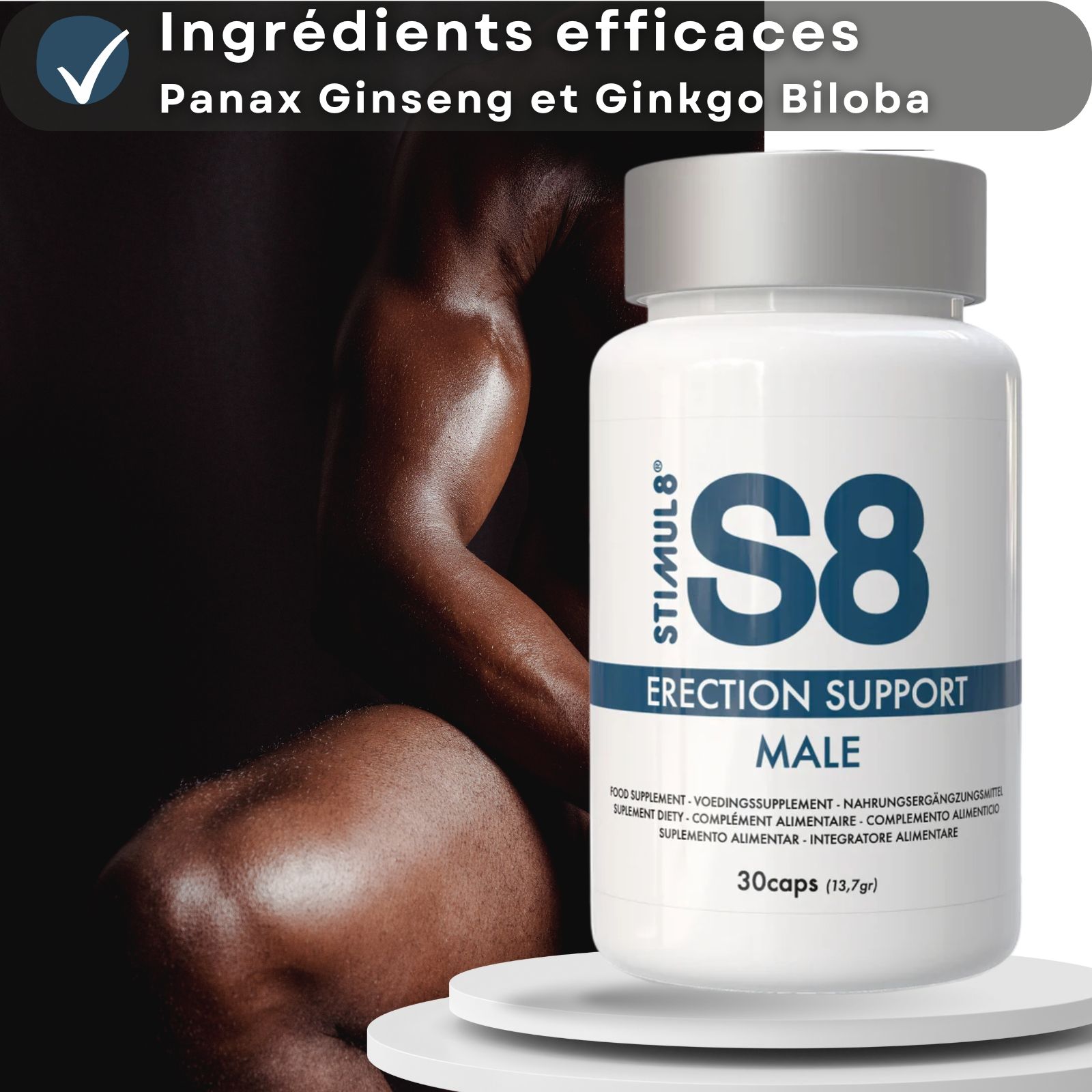 Flacon devant un homme. Texte : Ingrédients efficaces, Panax Ginseng et Ginkgo Biloba.
