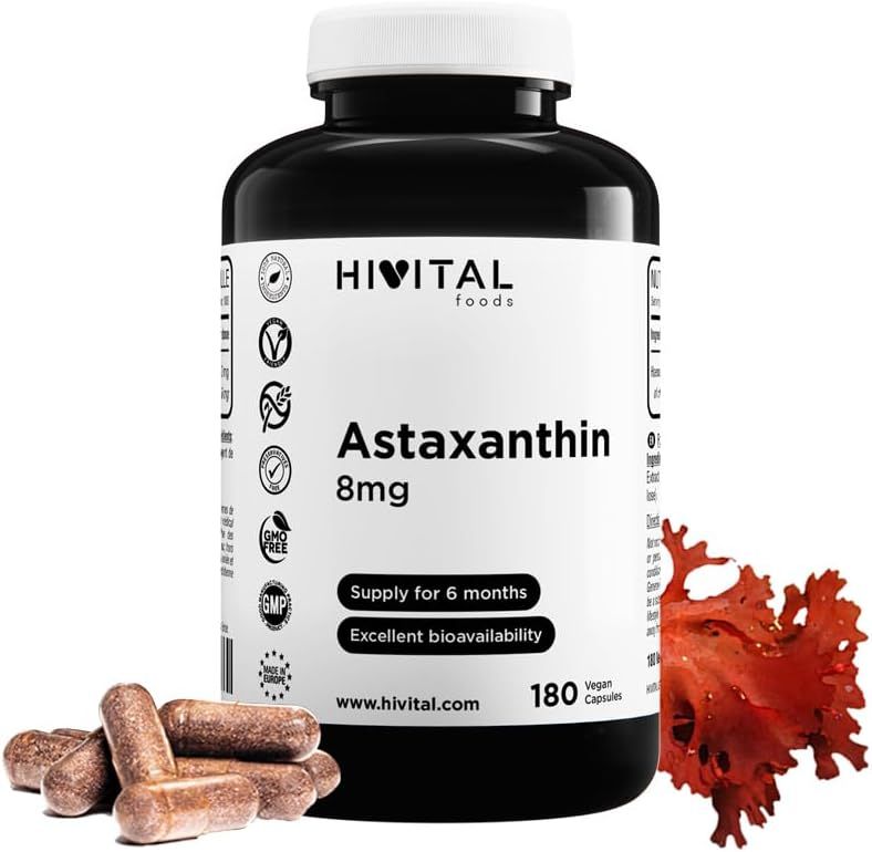 Bruine capsules naast een zwarte fles met wit etiket. Opschrift: Hivital Astaxanthine 8mg. Vegan, 180 capsules.