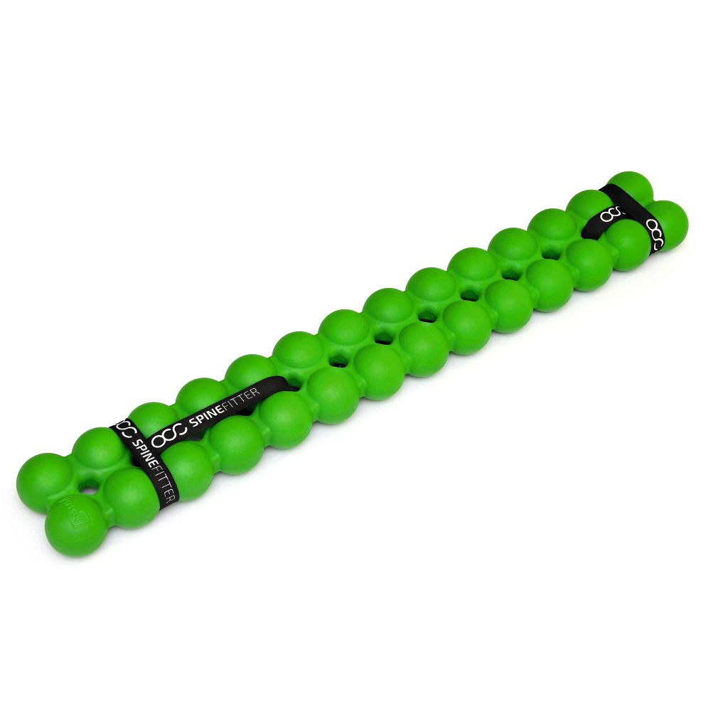 Groene Spinefitter met zwarte banden. Het product heeft een langwerpige vorm met ronde elementen.