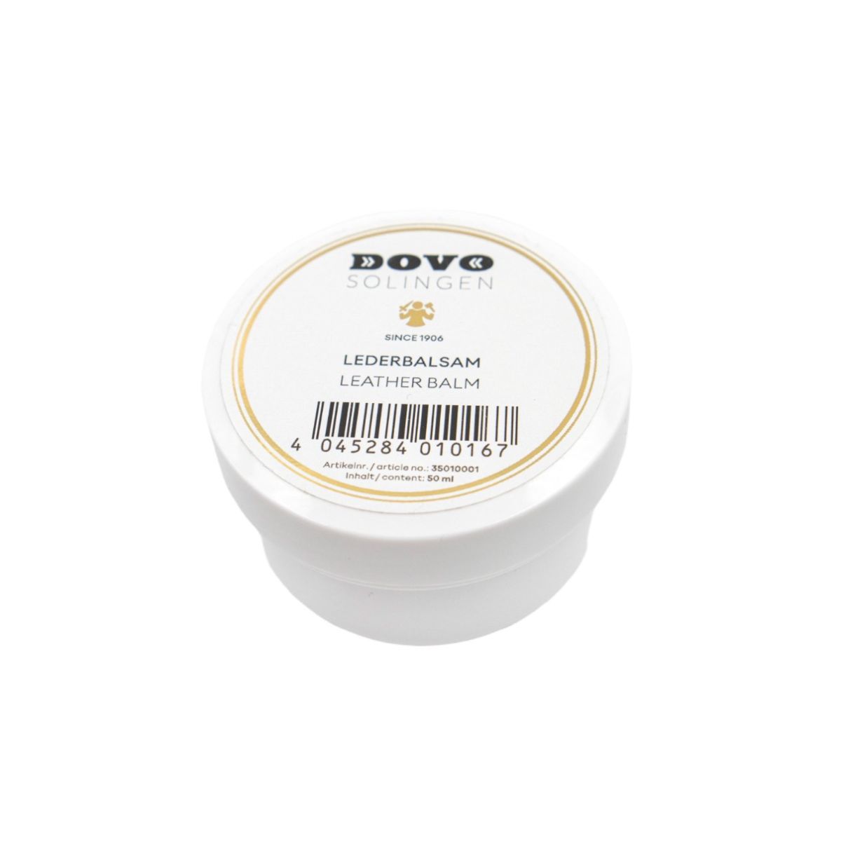 Witte pot met gouden deksel. Opschrift: DOVO Solingen, Lederbalsam, Leather Balm. Barcode en andere informatie.