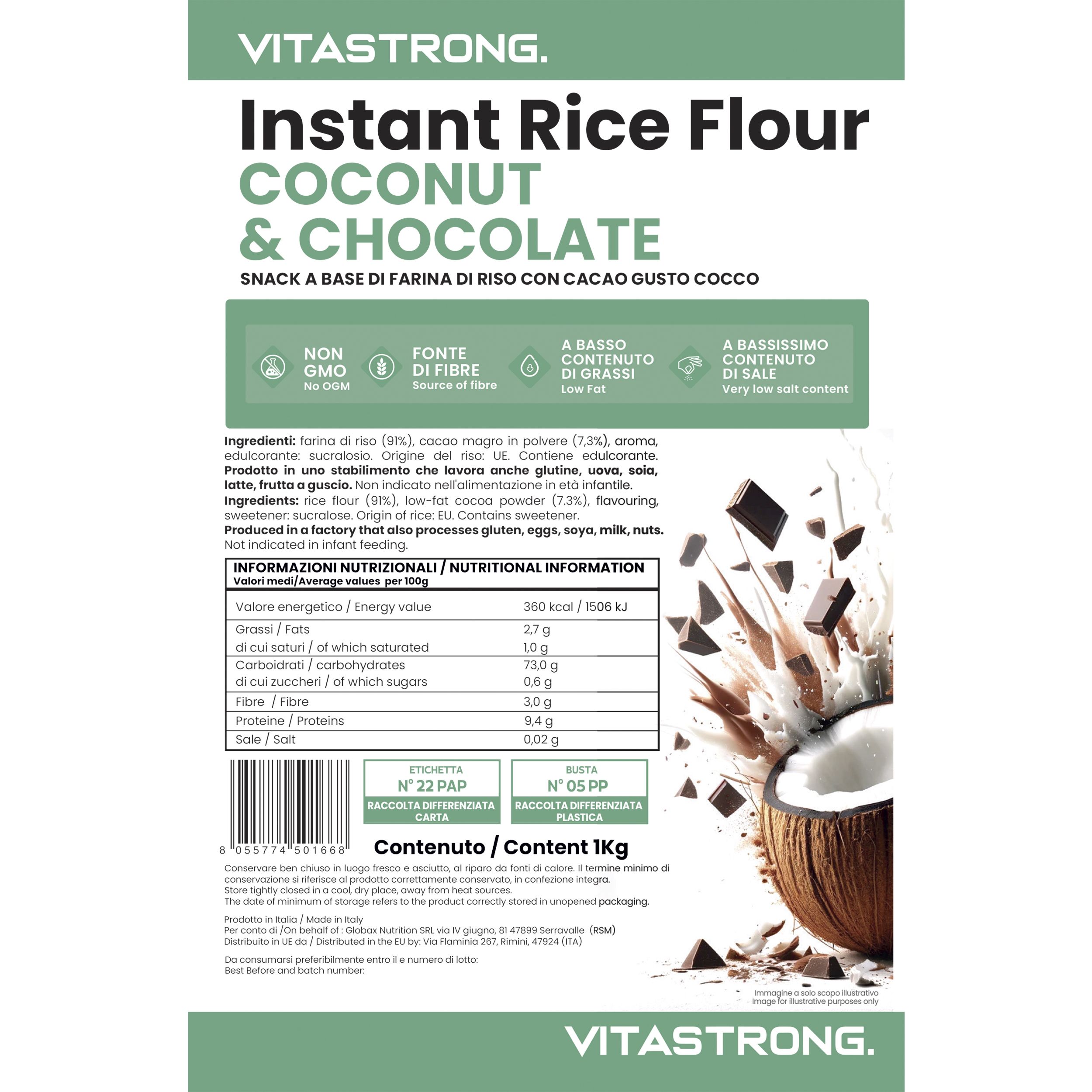 Verpakking van Vitastrong Instant Rice Flour Coconut & Chocolate. Witte tekst op groene achtergrond. Illustratie van kokosnoot en stukjes chocolade.