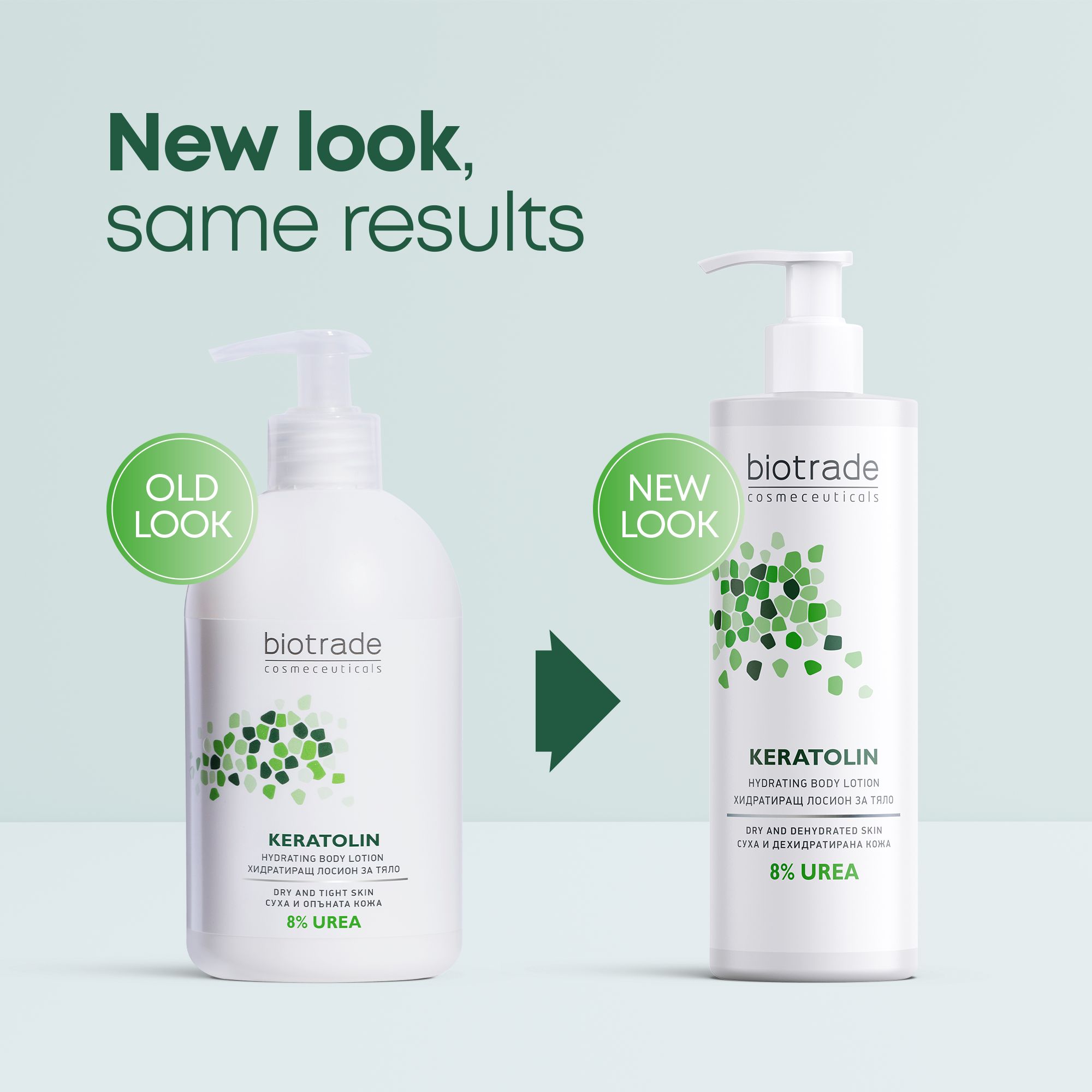 Vergelijking Biotrade Keratolin bodylotion: oude en nieuwe look. Beide in witte pompflacons.
