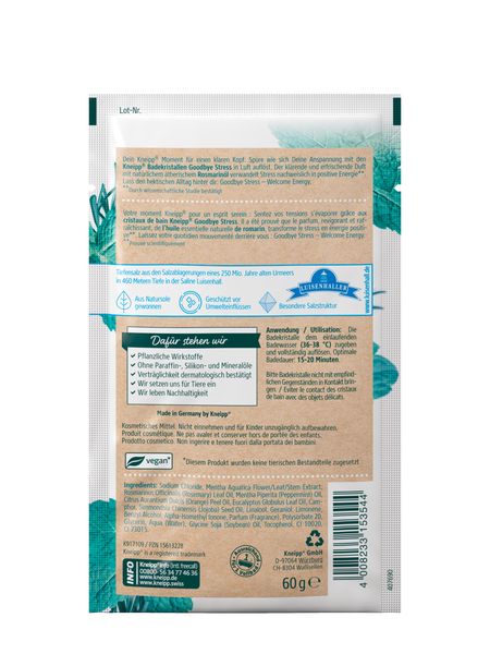 Dos du sachet Kneipp® Badekristalle Goodbye Stress. Texte sur ingrédients, utilisation et certifications.