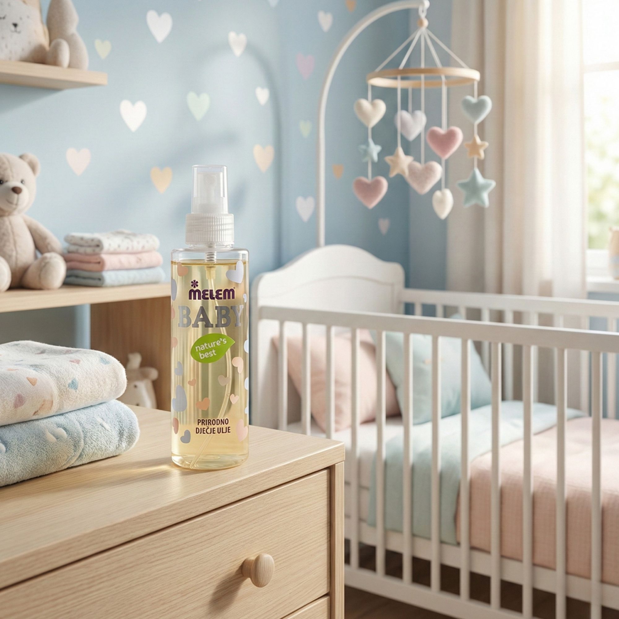 Une bouteille d'huile pour bébé Melem sur une table. Lit bébé et jouets en arrière-plan. Le nom de la marque est visible.