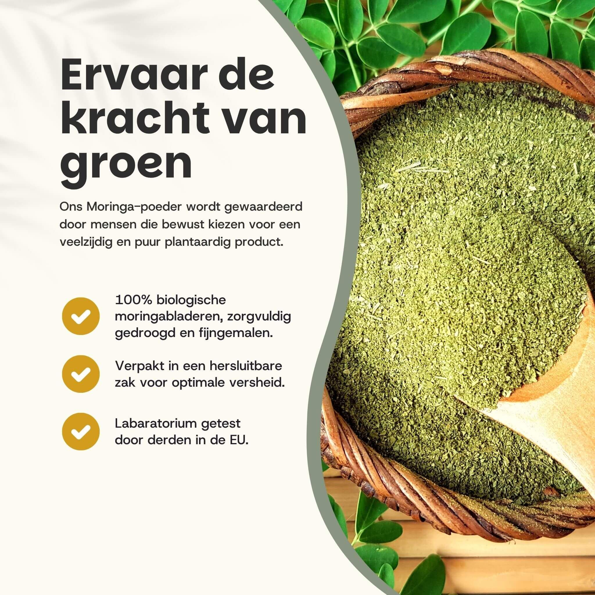 Vergelijking: Cupplement Moringa BIO vs. andere aanbieders. Bruin zakje, puur poeder, EU-verpakking.