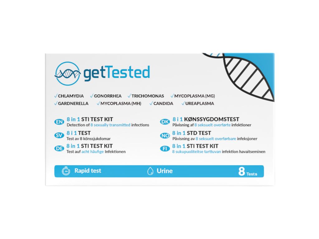 Kit de test IST 8 en 1 GetTested. Emballage blanc avec détails bleus. Contient 8 tests. Texte: Test rapide, Urine.