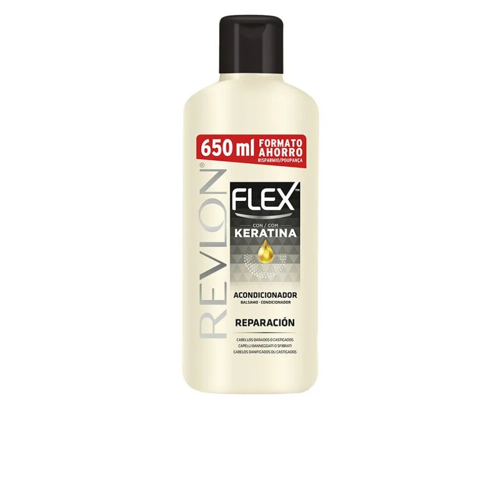Fles Revlon Flex Conditioner. Zwarte dop, crème fles. Opschrift: Flex, Keratine, 650 ml.