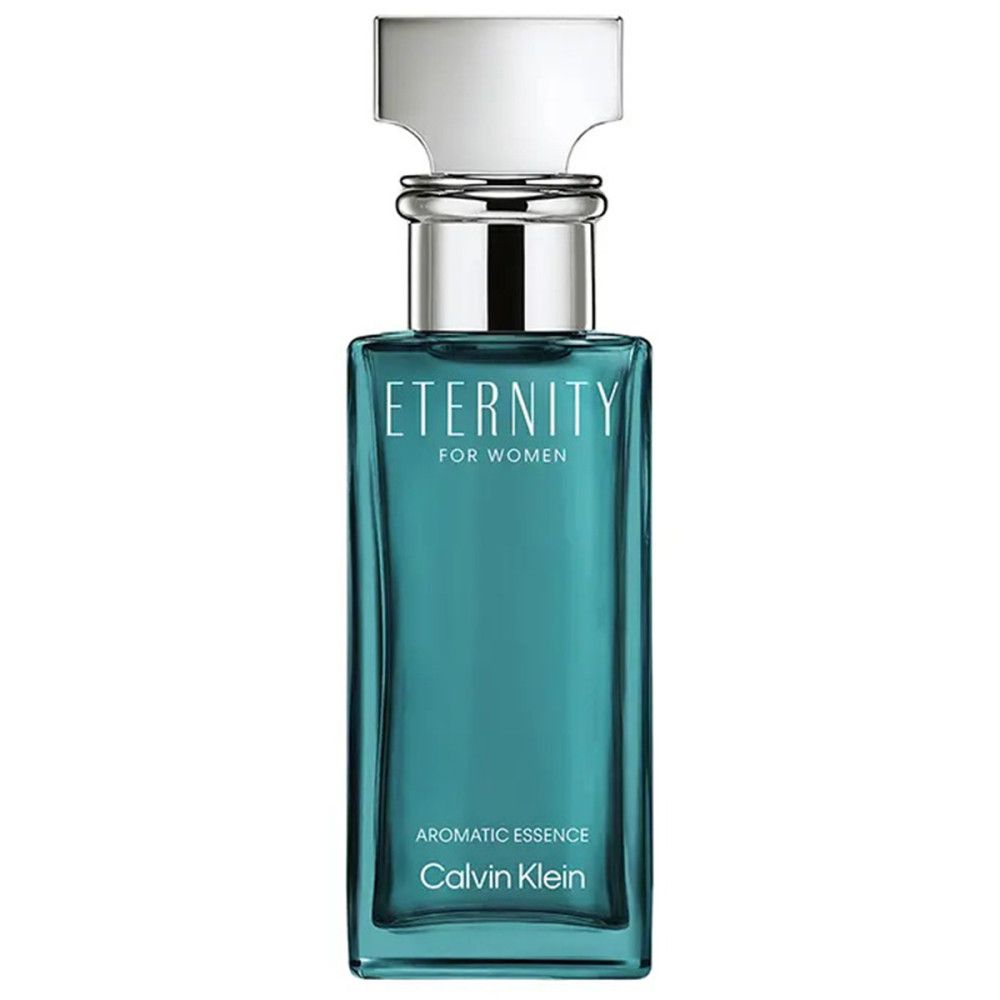 Turquoise fles met zilveren dop. Opschrift: Eternity for Women, Aromatic Essence, Calvin Klein.