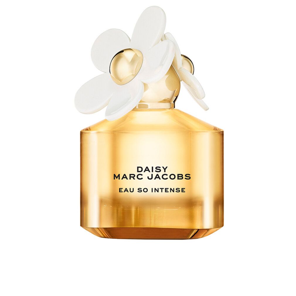 Gouden fles met witte bloem. Opschrift: Daisy Marc Jacobs Eau So Intense.