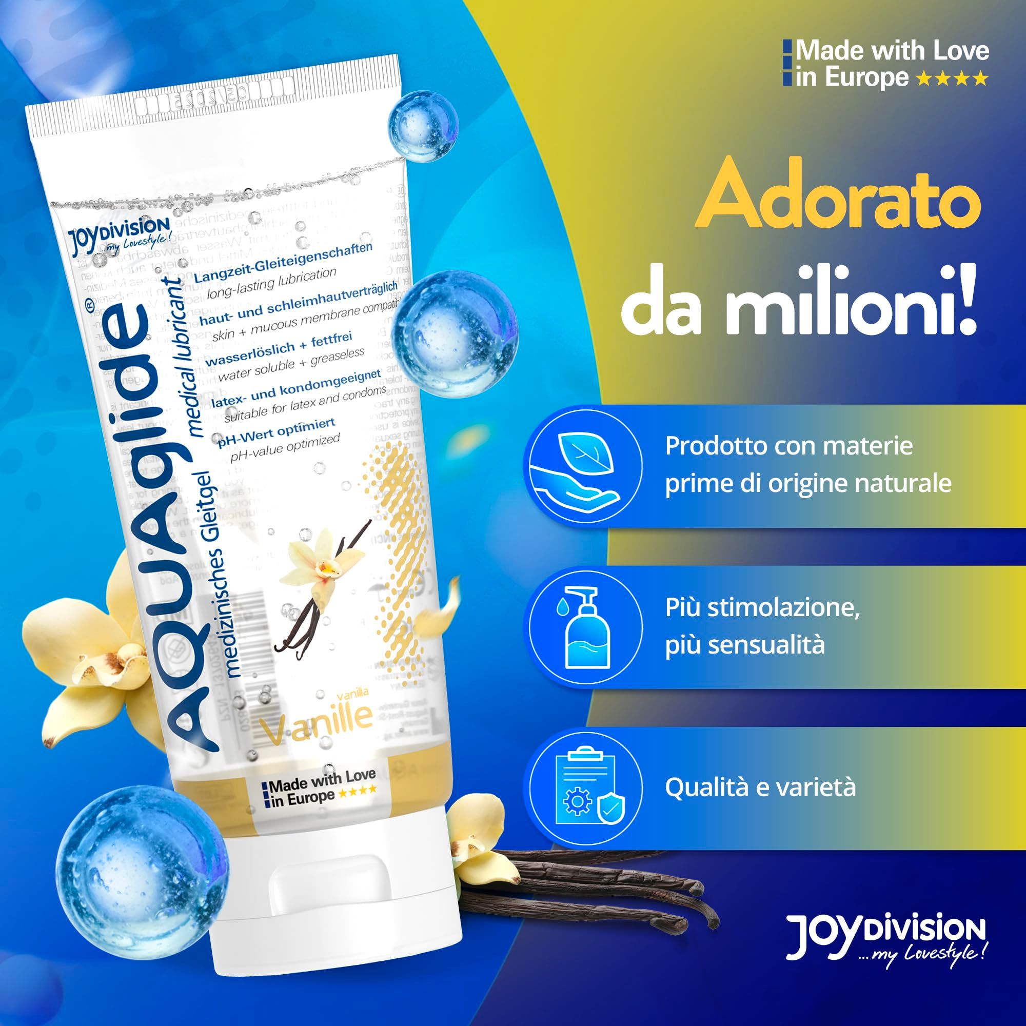 Tube de gel lubrifiant AQUAGLIDE Vanille avec icônes pour ingrédients naturels, stimulation et qualité.