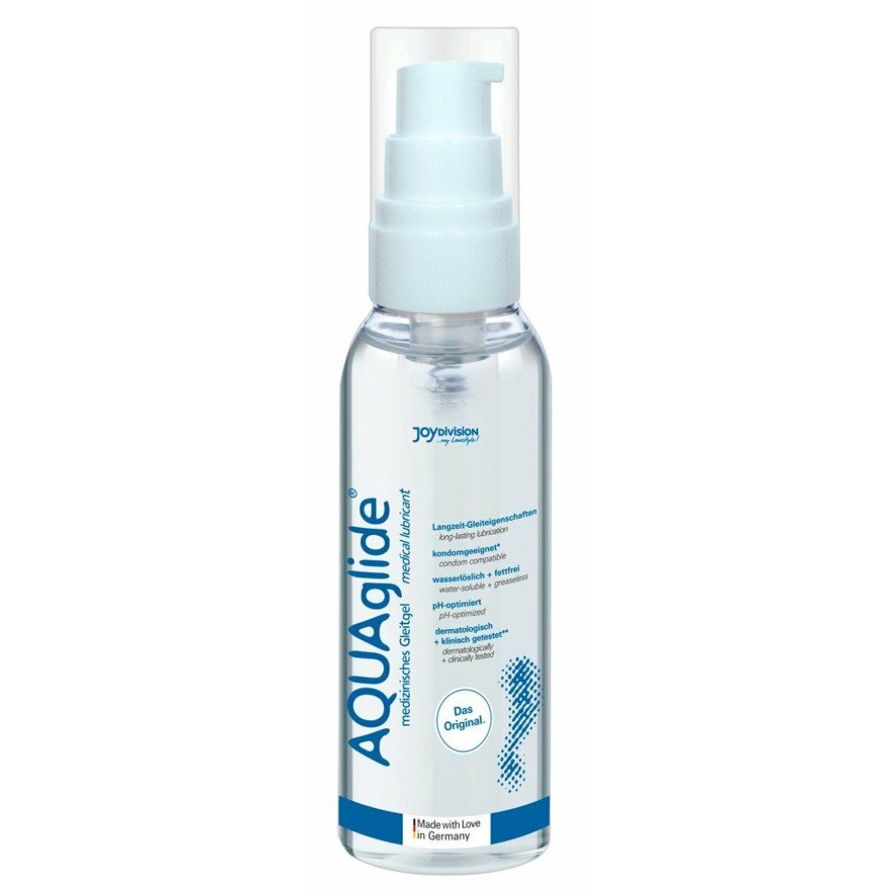 Flacon transparent avec pompe blanche. Inscription: AQUAglide, gel lubrifiant médical. Avec logo et texte.