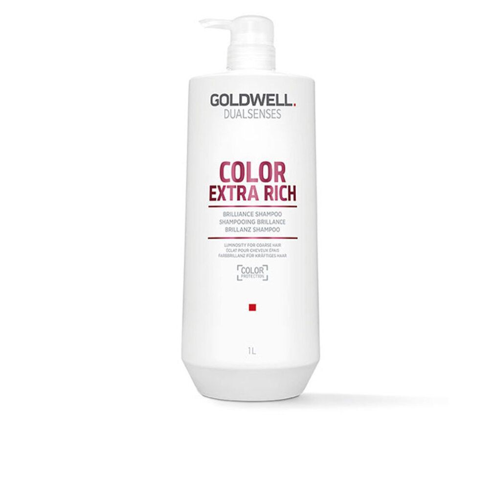 Goldwell Dual Senses Color Extra Rich Shampoo. Flacon blanc avec pompe. Inscription rose 'COLOR EXTRA RICH'. Indication 1L.