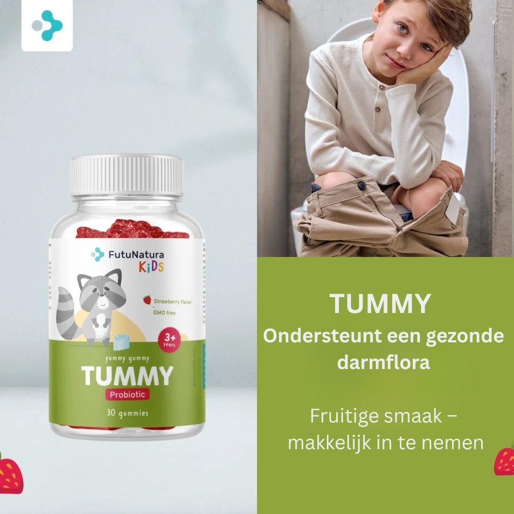 FutuNatura Tummy Kindergummies. Kind op toilet, fles ernaast. Tekst: Ondersteunt gezonde darmflora, fruitige smaak.